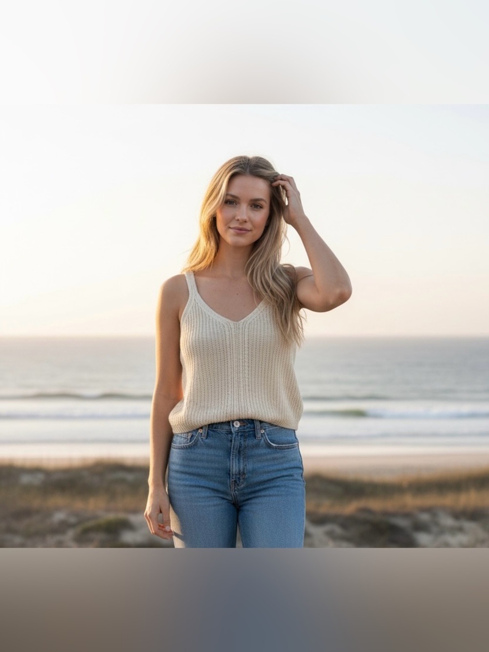 RB Couture Cream Beige Cable-Knit Cropped Camisole Tank Top Coastal Minimalist M